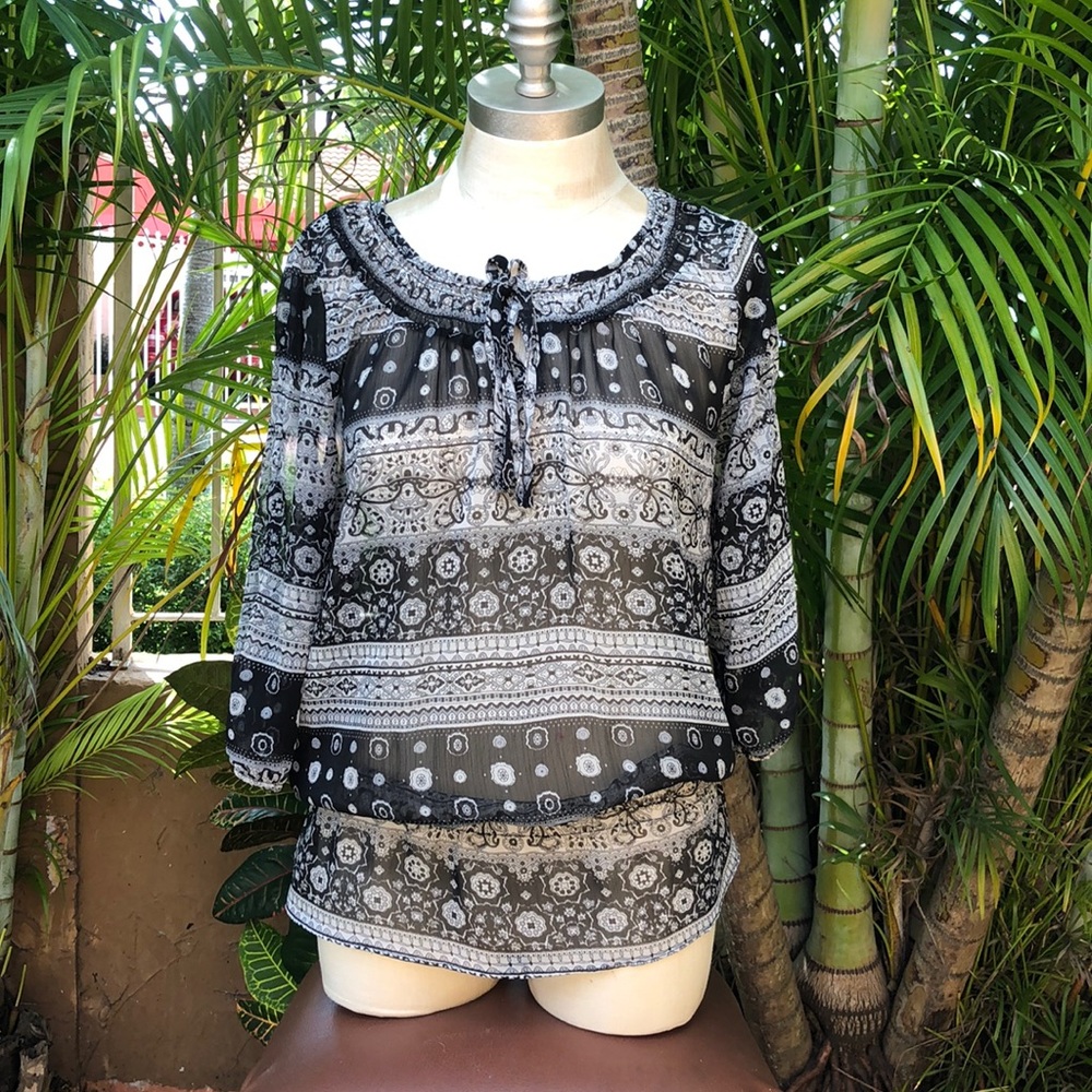 PINKY sheer black white & gray peplum top- Women M